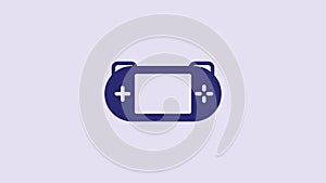 Blue Portable video game console icon isolated on purple background. Gamepad sign. Gaming concept. 4K Video motion