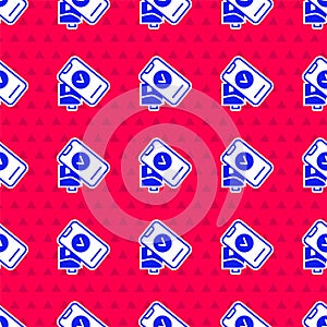 Blue POS terminal with printed reciept and confirms the payment by smartphone icon isolated seamless pattern on red