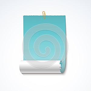 Blue post note paper sheet with a roll and a torn edge attached with a clip. Vector mockup