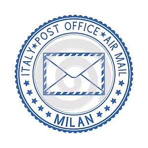 Blue postal stamp Milan, Italy. Postmark with envelope sign