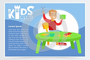 Blue poster for kids club with cheerful boy character making applique. Paper crafts class. Extra-curricular activities photo
