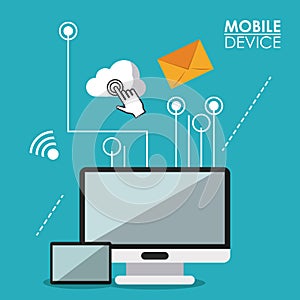Blue poster mobile device with desktop computer and tablet and link to common icons