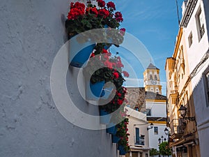 Blue pots with Church of the Incarnation in the background. Marbella, Costa del Sol, Malaga province