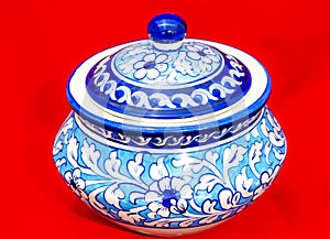 Blue pottery in Multan Pakistan , traditional designs of ceramics and crockery
