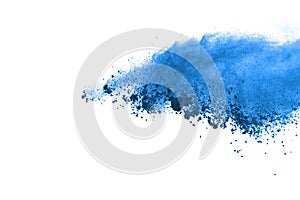 Blue powder explosion on white background. Colored cloud. Color