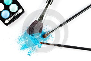 Blue Powder Eyeshadow on a Brush with Make up Palette