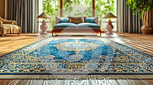 Blue prayer rug lays centered in peaceful room