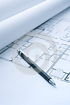 Blue Print Floor Plans with Mechanical Pencil