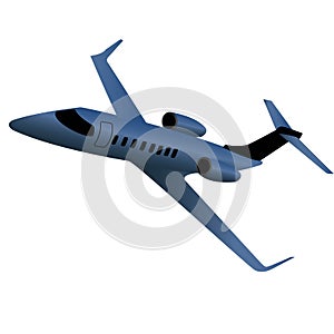 Blue private jet passenger airplane isolated on white background.