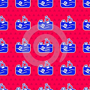 Blue The problem of pollution of the ocean icon isolated seamless pattern on red background. The garbage, plastic, bags