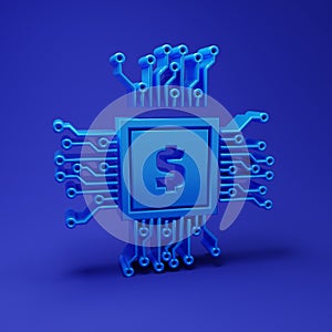 Blue Processor chip with dollar icon isolated on blue background. CPU, central processing unit, microchip, microcircuit