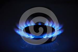 Blue propane gas flame. Burning gas. Kitchen stove burner. Natural gas market concept image with copyspace