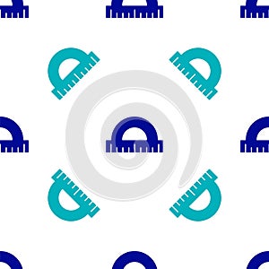 Blue Protractor grid for measuring degrees icon isolated seamless pattern on white background. Tilt angle meter