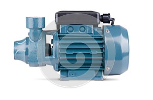 Blue pump to supply water to station water supply. Isolated white background. Metal body of pump, pressure sensor. Blue