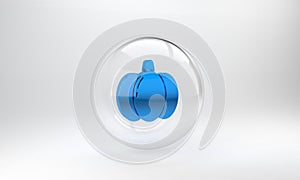 Blue Pumpkin icon isolated on grey background. Happy Halloween party. Glass circle button. 3D render illustration