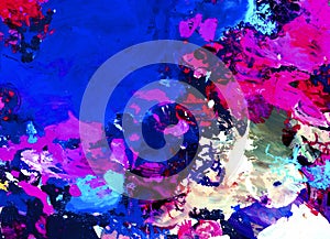 Blue and purple acrylic watercolor abstract art painted and Colorful poppies on abstract brushstrokes pattern