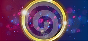 Blue purple bokeh abstract background with golden circle