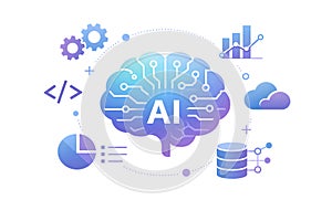 Artificial Intelligence Brain with Data analytics, Cloud Computing and Machine Learning Icons