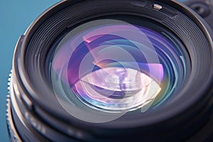 Blue and purple brilliance Reflection on a close up camera lens