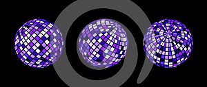 Blue purple disco ball set. Collection of wireframe spheres in different angles. Grid globe or checkered ball bundle