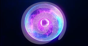 Blue purple energy sphere with glowing bright particles, atom with electrons photo