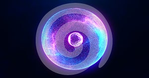 Blue purple energy sphere with glowing bright particles, atom with electrons