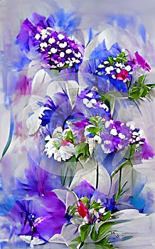 Blue and Purple Flowers - Digital Art - Water Color Style