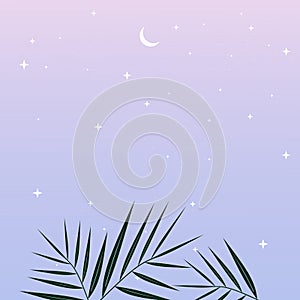 Blue and purple landscape with silhouettes of tropical palm tree leaves, moon and stars in the sky. Background vector illustration