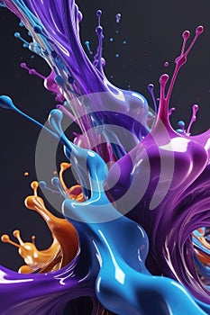 Blue and purple liquids, splash art, vertical composition