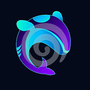 Blue purple neon silhouette of a dolphin. The design is suitable for decor, logo, dolphinarium, web game, animation, avatar