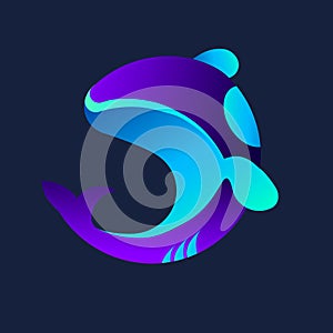 Blue purple neon silhouette of a dolphin. The design is suitable for decor, logo, dolphinarium, web game, animation, avatar