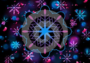 Blue purple neon snowflakes abstract glowing background