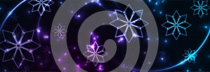 Blue purple neon winter abstract glowing background with snowflakes