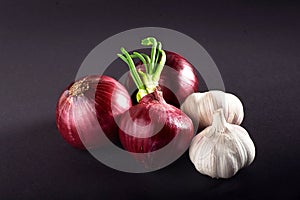 Blue purple onion and garlic isolated white on a black background