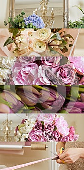 Blue, purple, pink flowers and woman cutting ribbon with scissors