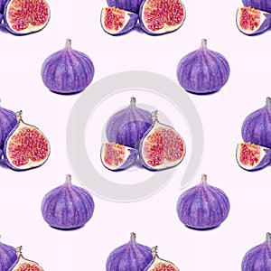 Blue and purple round fig fruit seamless pattern on light background.