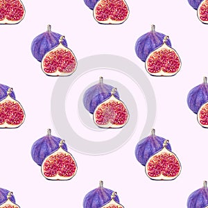Blue and purple round fig fruit seamless pattern on light background.
