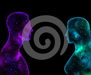 Blue and purple universes in the shape of a couple on a black background