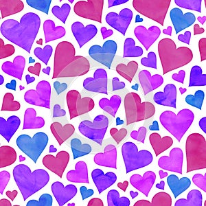 Blue and Purple Watercolor Hearts on a White Background
