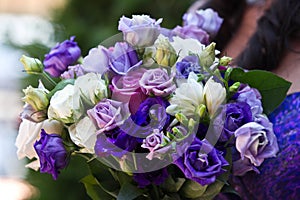 Blue, purple and white wedding bouqet