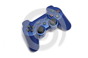 A blue purple wireless video game joystick console controller