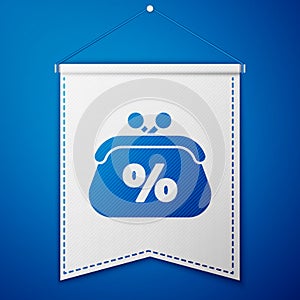 Blue Purse money percent icon isolated on blue background. Percent loyalty wallet sign. White pennant template. Vector