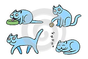 Blue pussycat emoticons set. Isolated vector illustration.