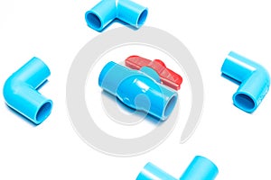 Blue PVC pipe fittings on white background