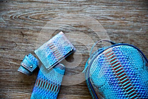 Blue python leather product on wooden background