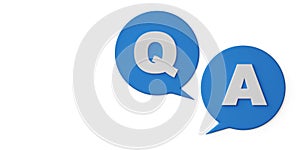 Blue Q and A, question and answer, speech bubbles on white background with copy space