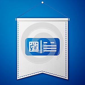 Blue QR code ticket train icon isolated on blue background. White pennant template. Vector