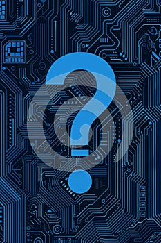 Blue Question Mark on Circuit Board Background Technology, Problem Solving, and Innovation Concept