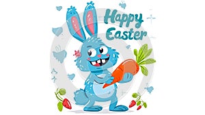 Blue rabbit with carrot. Crazy monster. Text. Inscribed \