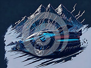 A blue racing car drifting on mountains illustration background. generative AI